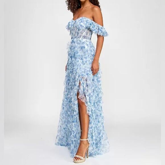 City Studios Juniors' Ruffled Off-The-Shoulder Corset Gown White/Navy Sz 13/14 - Picture 4 of 11